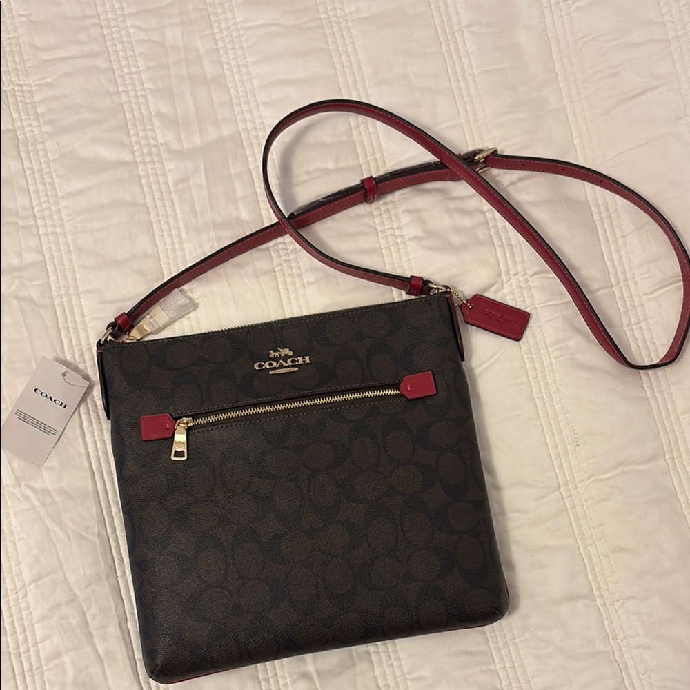 Coach Brown and Red Crossbody Bag with Gold Hardware